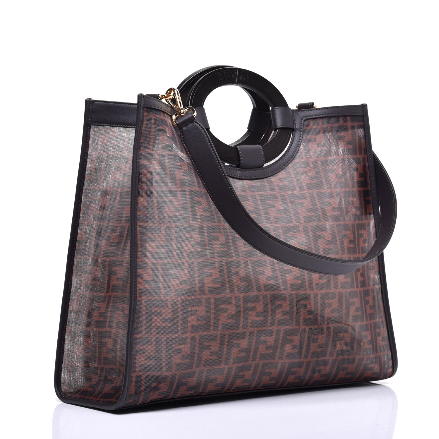 Fendi Mesh Vitello Century Cuoio FF 1974 Medium Runaway Shopper Tote Marrone Black Ebano 4 of 10