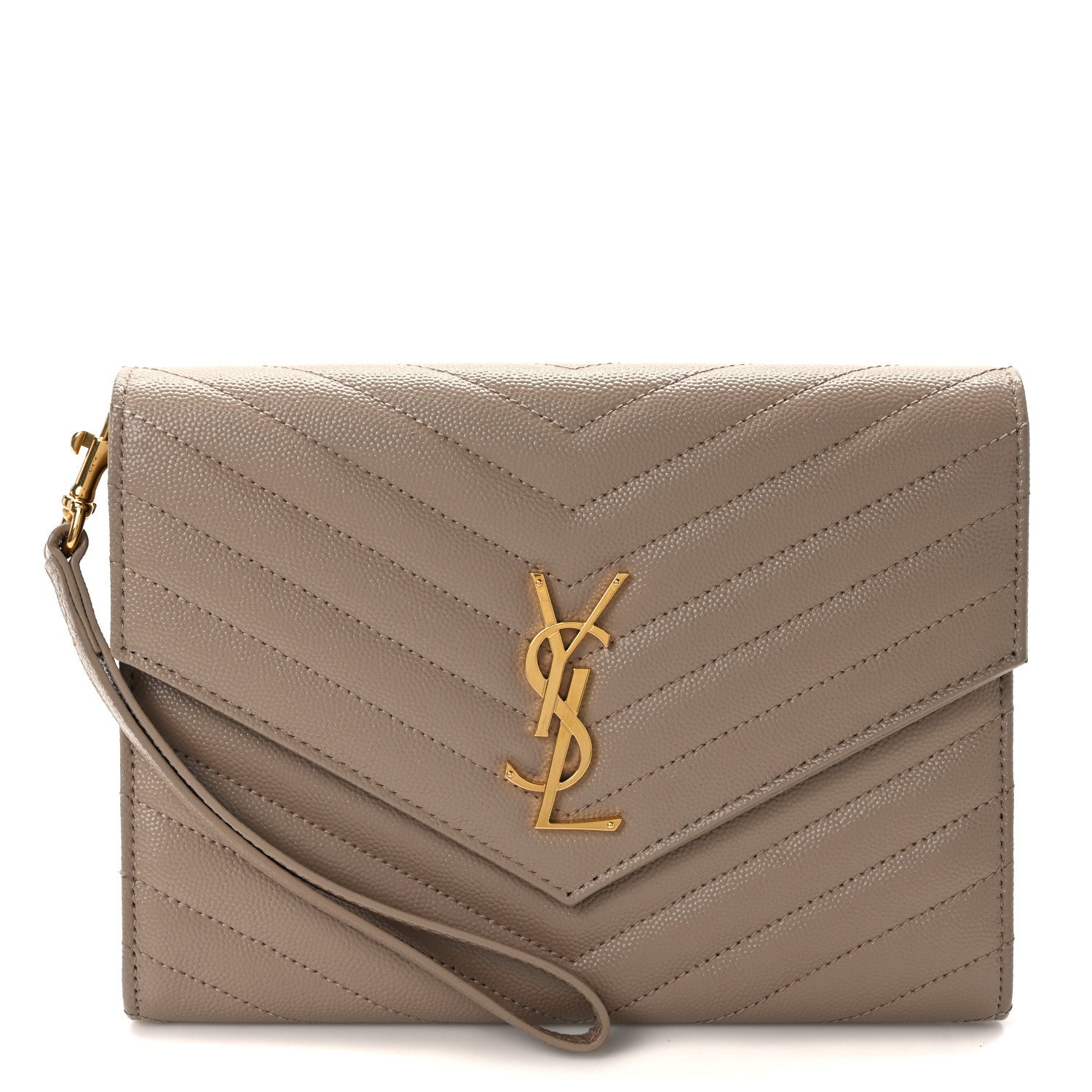 Saint Laurent Grain De Poudre Matelasse Chevron Monogram Envelope Clutch Dark Beige 1 of 10