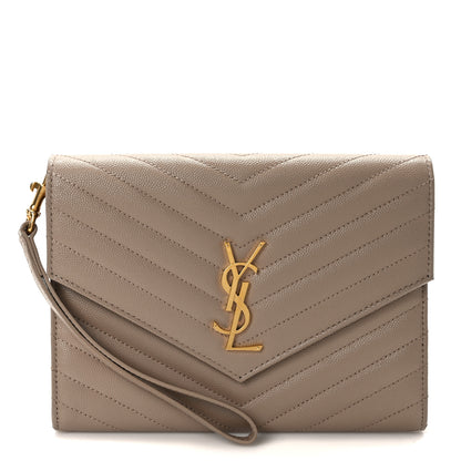 Saint Laurent Grain De Poudre Matelasse Chevron Monogram Envelope Clutch Dark Beige 1 of 10