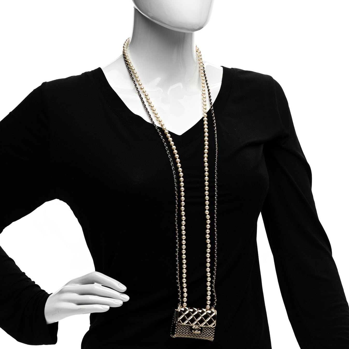 Metal Lambskin Pearl Chain Flap Bag Long Necklace Gold Black Pearly White