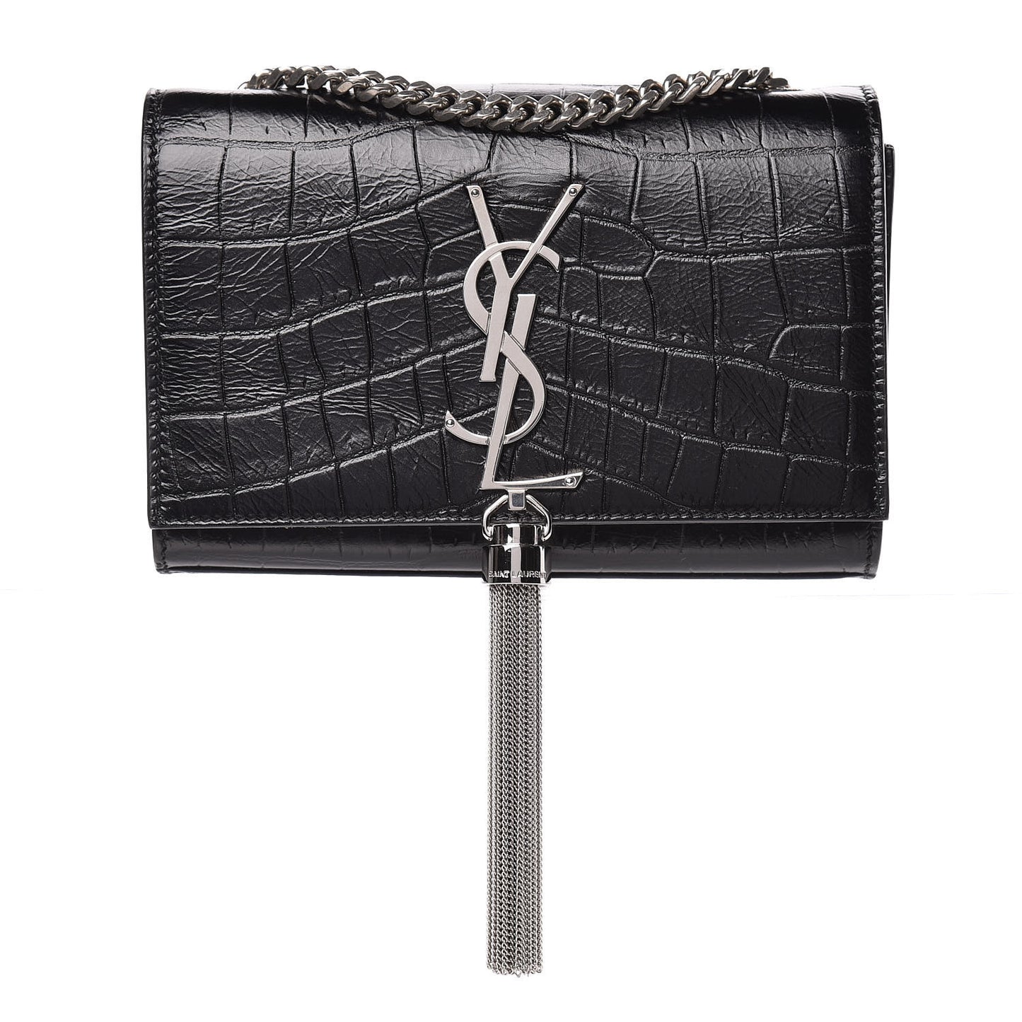Calfskin Crocodile Embossed Small Classic Monogram Kate Tassel Satchel Black
