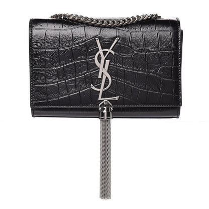 Saint Laurent Calfskin Crocodile Embossed Small Classic Monogram Kate Tassel Satchel Black 1 of 9