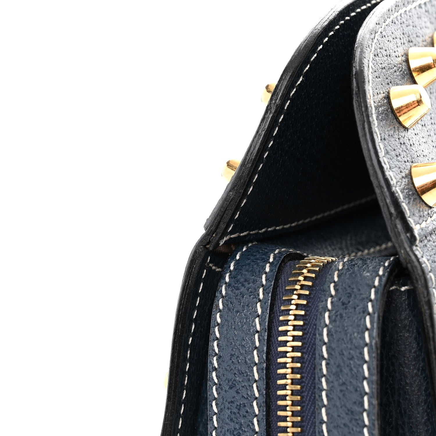 Fendi Zucchino Calfskin Studded Top Handle Satchel Tobacco Blue 10 of 15