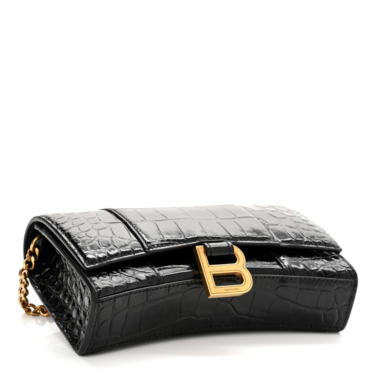 Balenciaga Shiny Calfskin Crocodile Embossed Hourglass Chain Bag Black 3 of 8