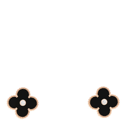 Van Cleef & Arpels 18K Rose Gold Diamond Black Onyx Vintage Alhambra Earrings 1 of 5