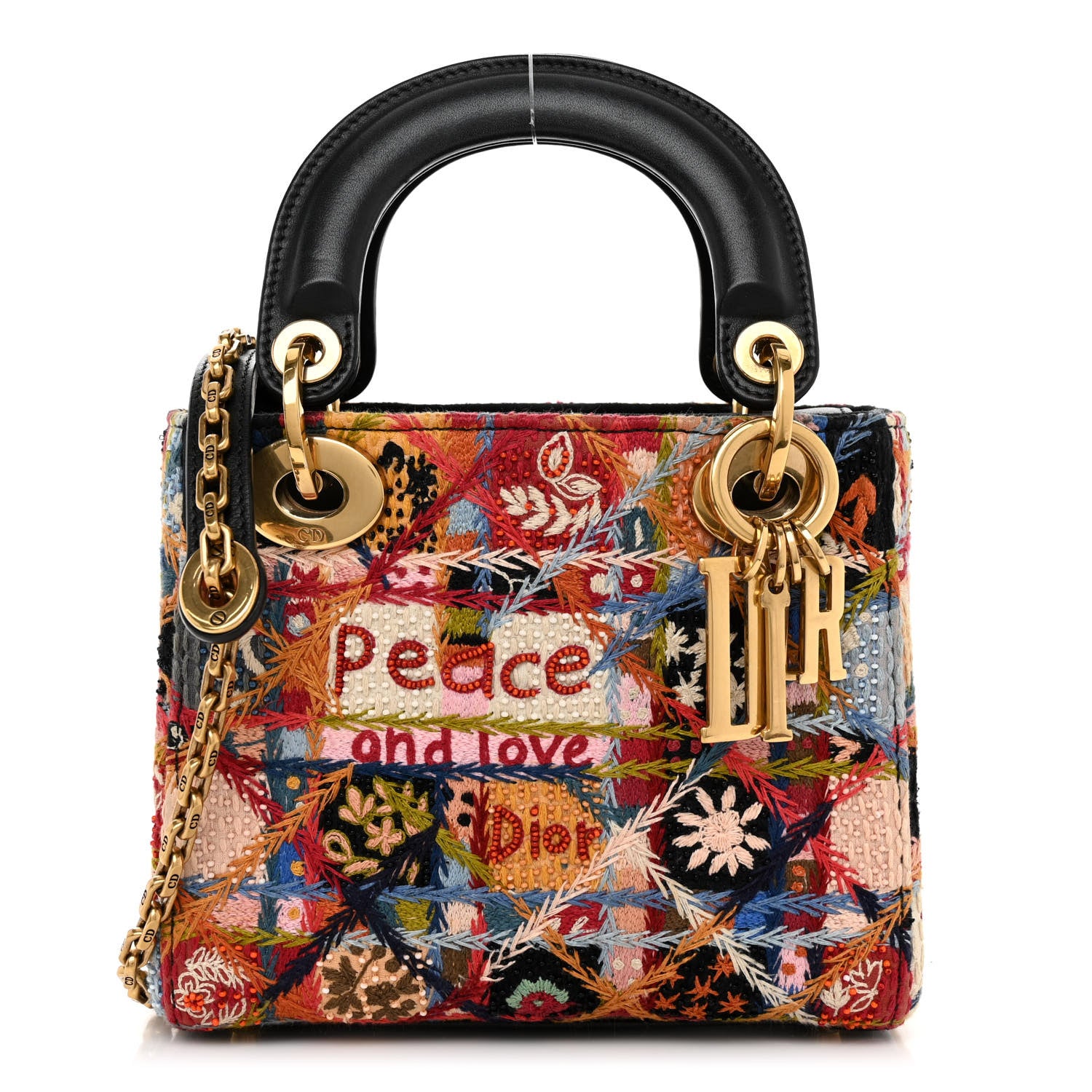 Christian Dior Canvas Embroidered Beaded Peace Mini Lady Dior Black Multicolor 1 of 9