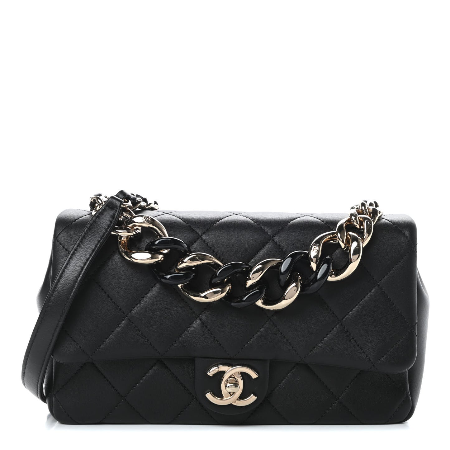 Lambskin Quilted Resin Bi-Color Chain Flap Bag Black