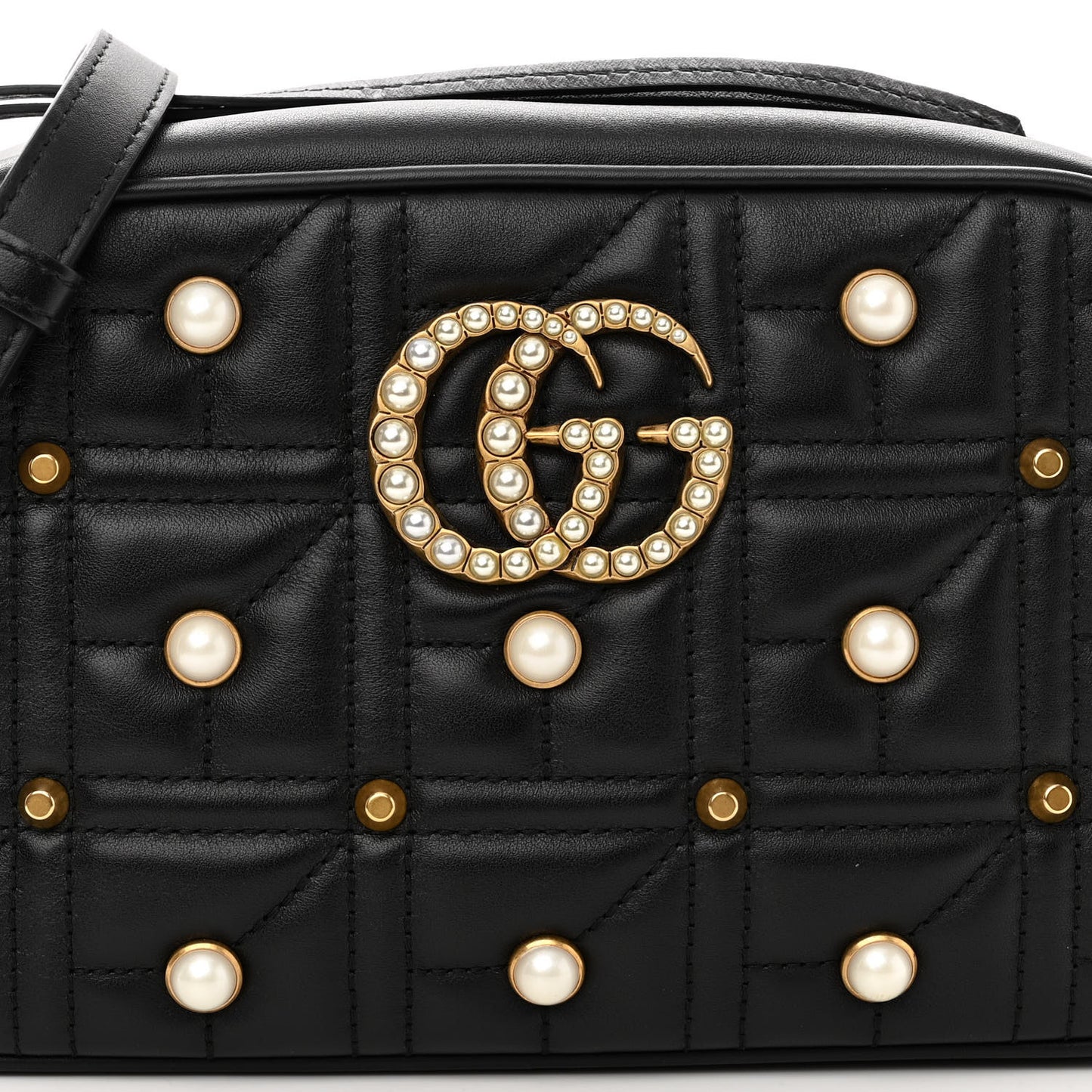 Calfskin Matelasse Studded Small Pearly GG Marmont Chain Shoulder Bag Black