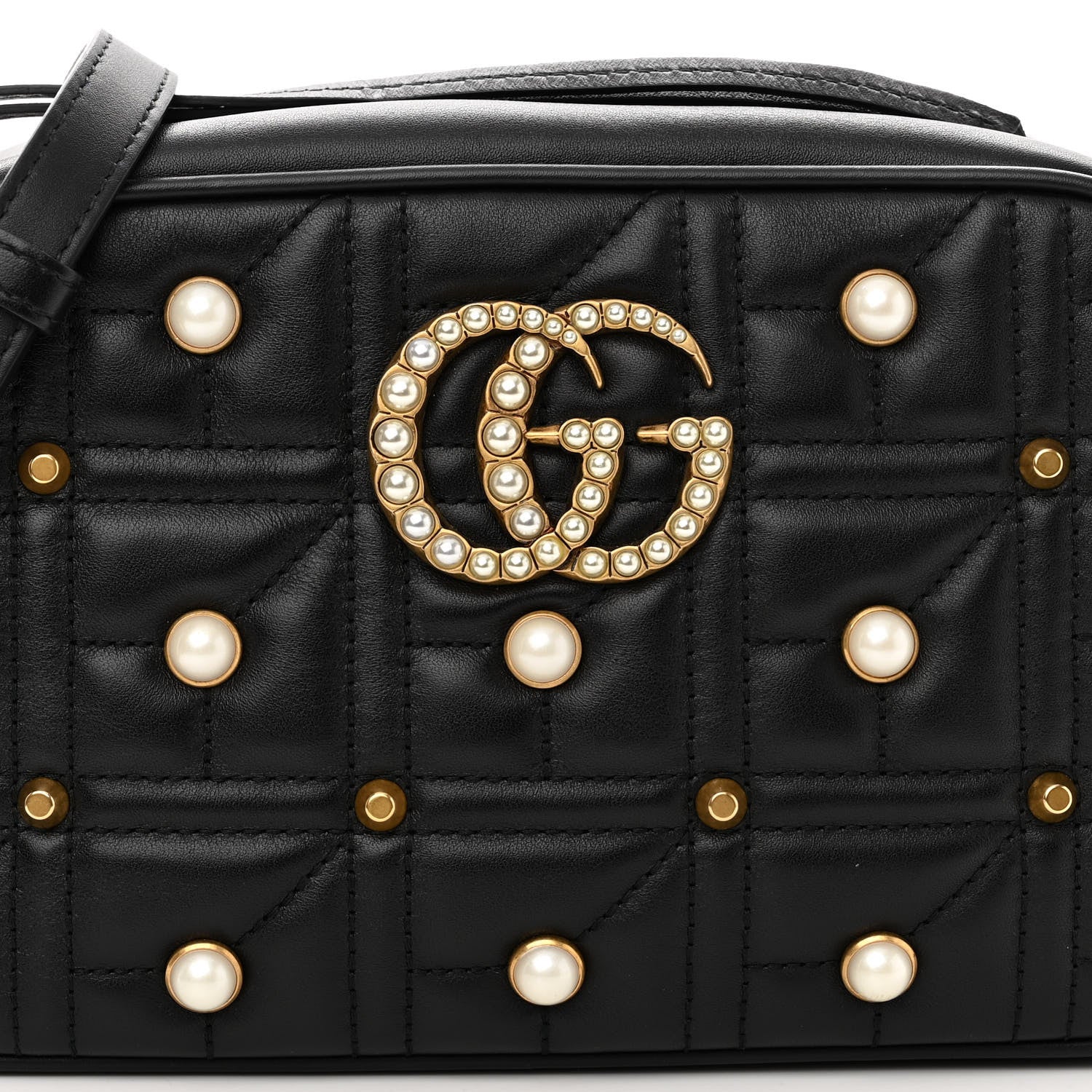 Gucci Calfskin Matelasse Studded Small Pearly GG Marmont Chain Shoulder Bag Black 7 of 9
