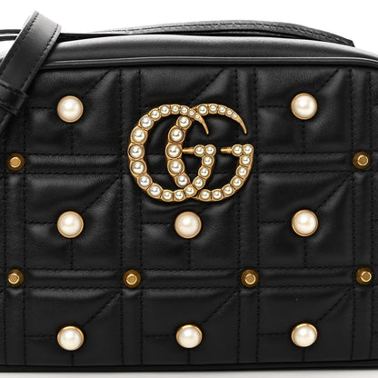 Gucci Calfskin Matelasse Studded Small Pearly GG Marmont Chain Shoulder Bag Black 7 of 9