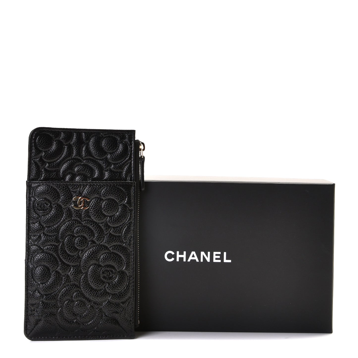 Caviar Camellia Embossed Classic Flat Wallet Pouch Black