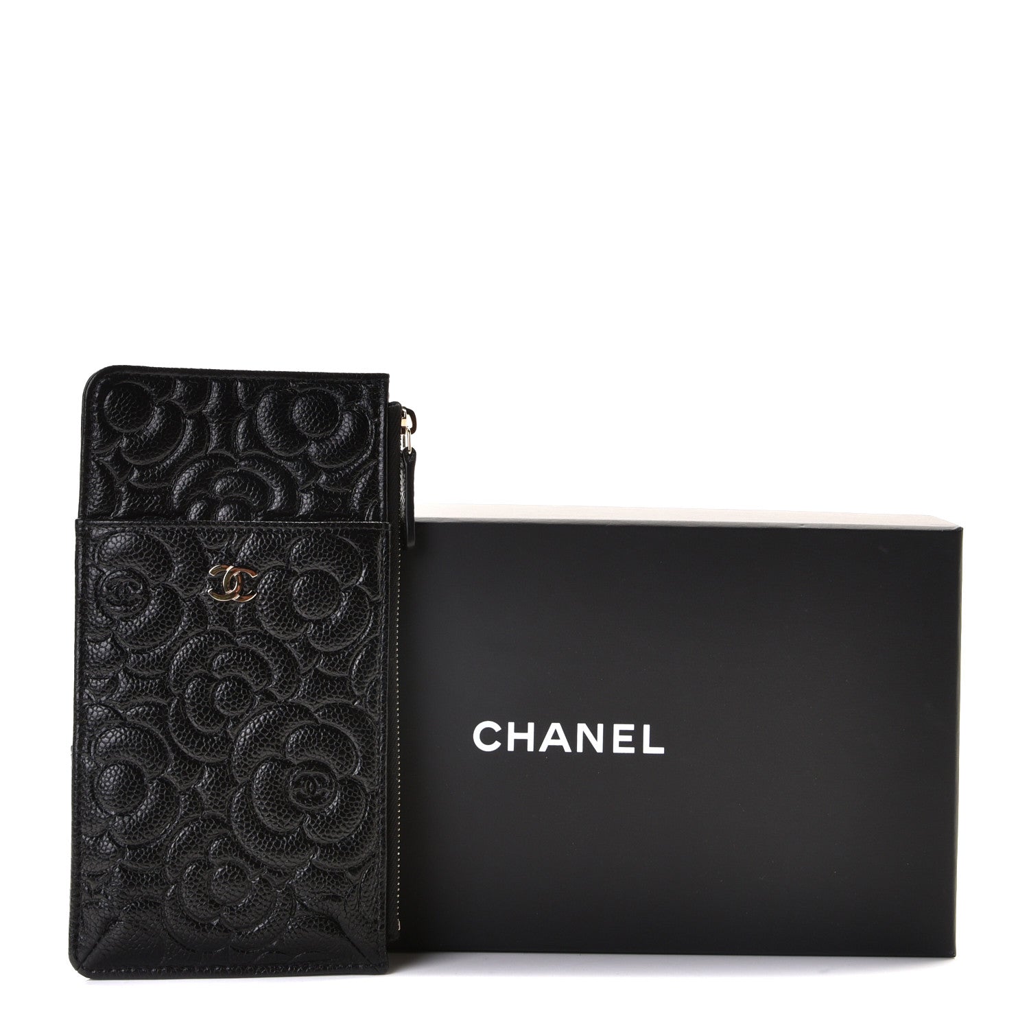 Chanel Caviar Camellia Embossed Classic Flat Wallet Pouch Black 4 of 7