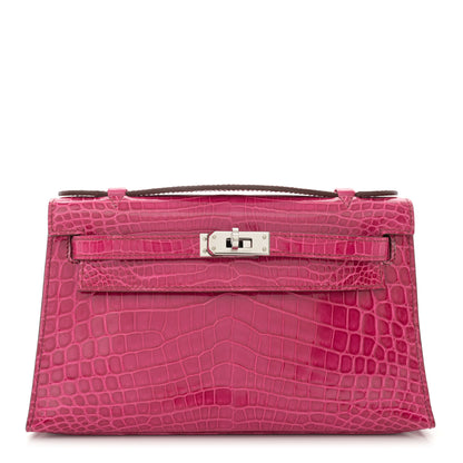 Hermes Shiny Niloticus Crocodile Kelly Pochette Fuchsia 1 of 13