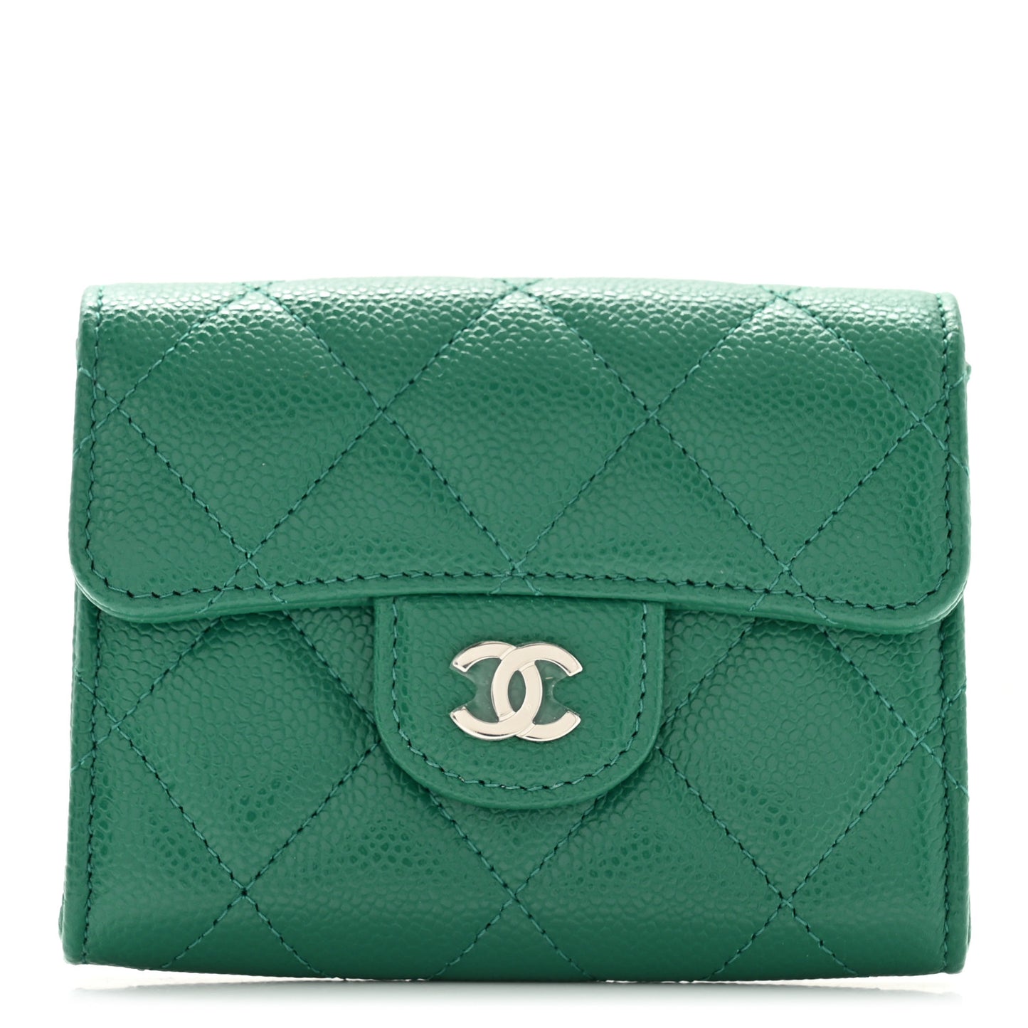 Caviar Quilted Flap Card Holder Wallet Green