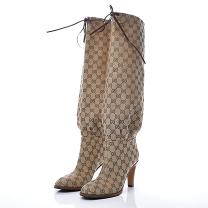 Gucci Monogram Lisa Mid Heel Boots 41 Beige Ebony 2 of 7
