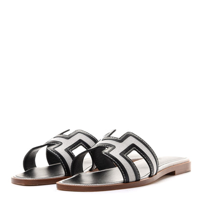Hermes Calfskin Canvas Oran Sandals 37 Black 3 of 8