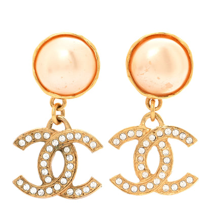 Chanel Pearl Crystal CC Drop Clip On Earrings Gold 1 of 8