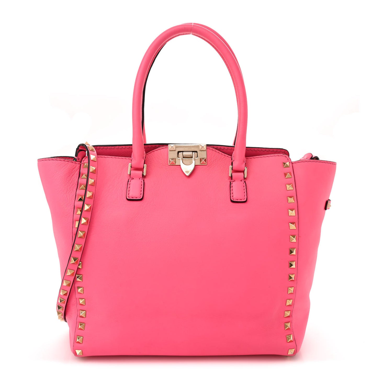 VALENTINO GARAVANI Vitello Rockstud Double Handle Tote Fuxia Fluo