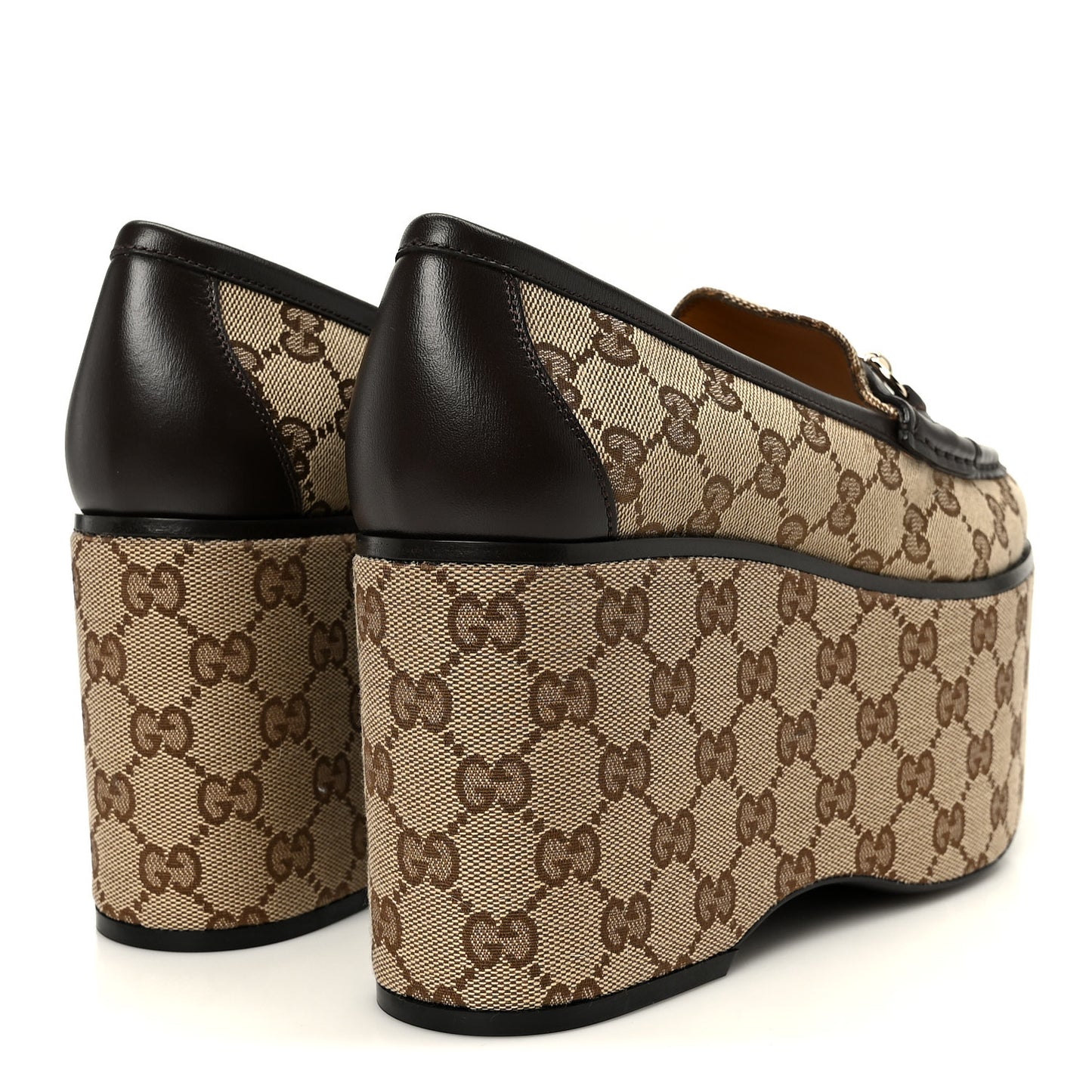 Canvas GG Monogram Horsebit Calfskin Womens Horsebit Platform Loafers 39.5 Beige Ebony Cocoa