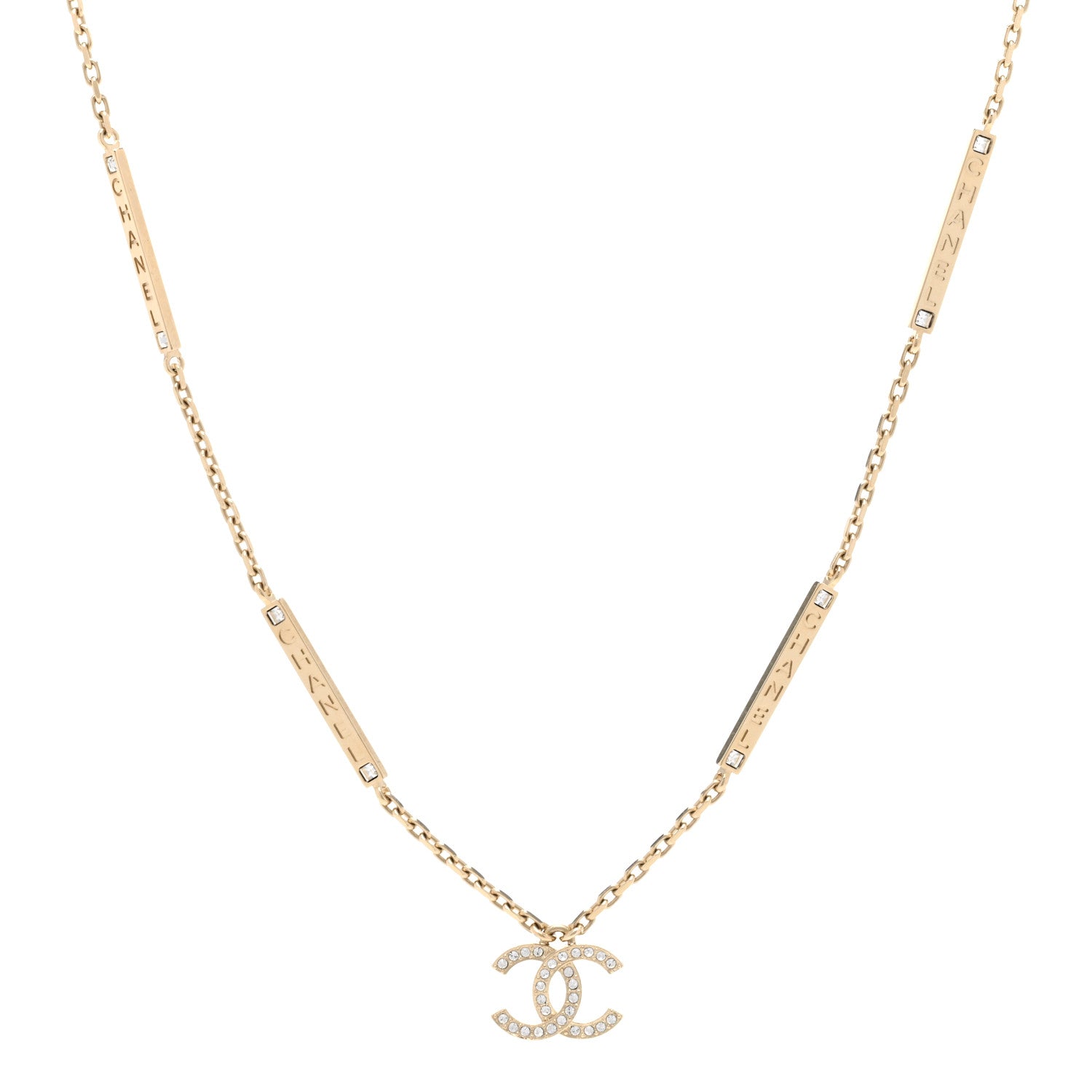 Chanel Crystal CC Logo Bar Necklace Gold 1 of 5