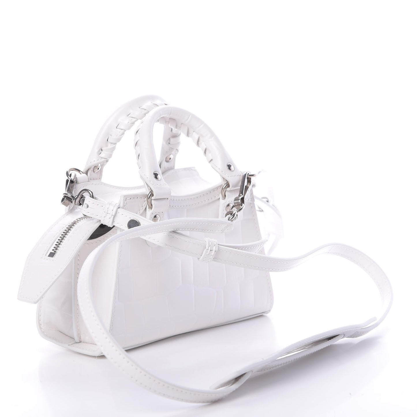 Semi Shiny Calfskin Crocodile Embossed Neo Classic Silver Hardware Nano City Crossbody White