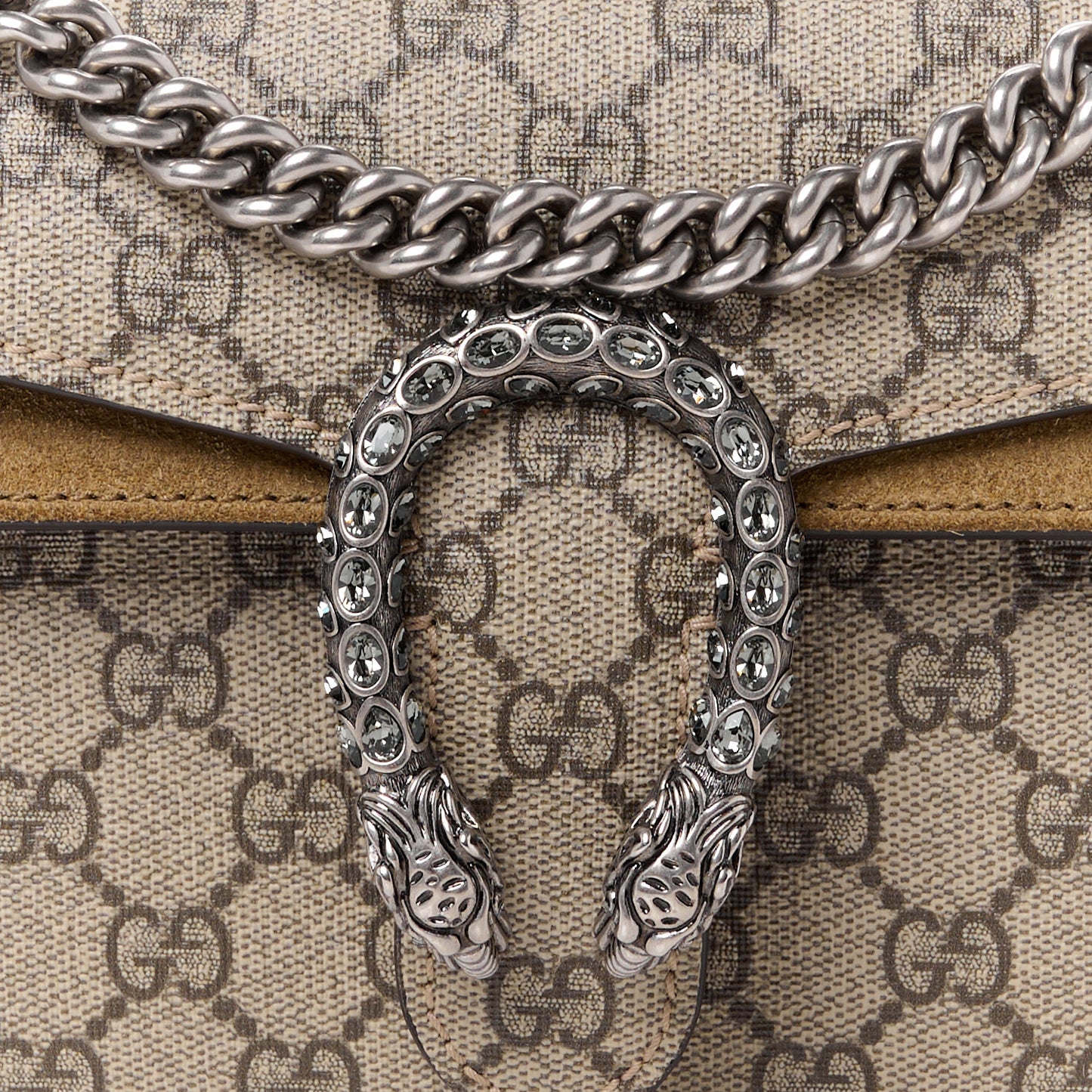 GG Supreme Monogram Suede Crystal Small Dionysus Shoulder Bag Beige Ebony Taupe