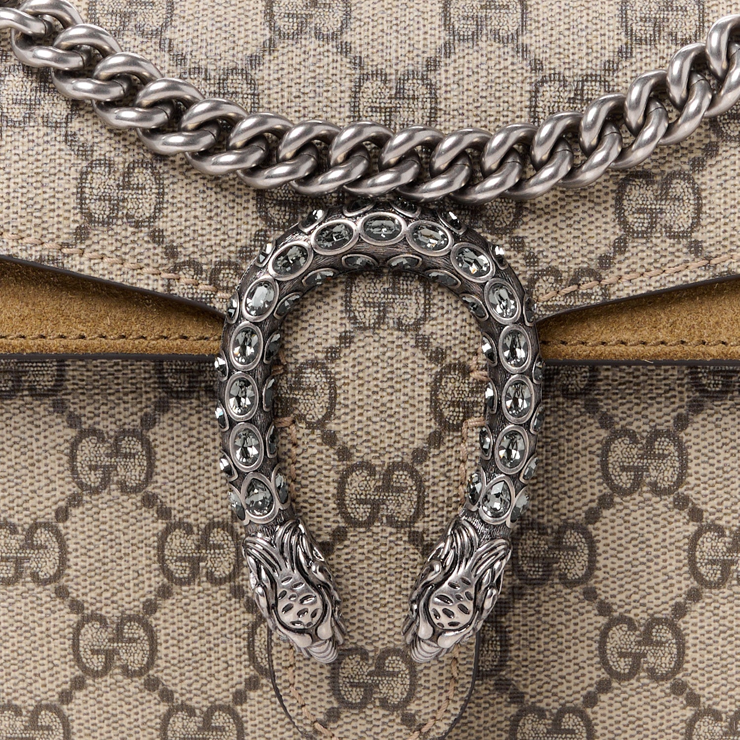 Gucci GG Supreme Monogram Suede Crystal Small Dionysus Shoulder Bag Beige Ebony Taupe 8 of 12