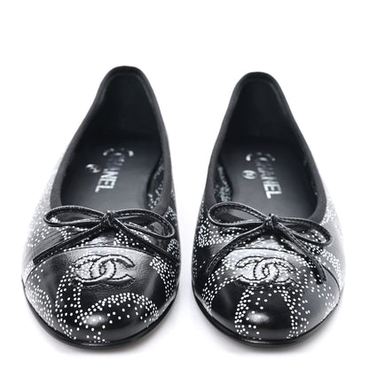Chanel Calfskin Camellia Printed Cap Toe Ballerina Flats 36.5 Black White 3 of 10
