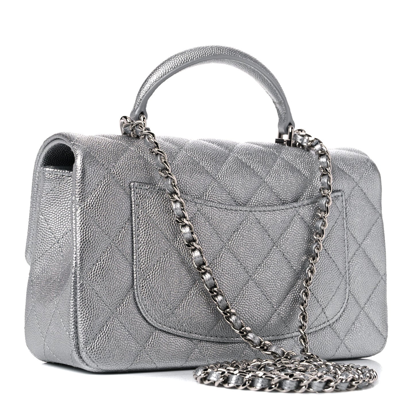 Metallic Caviar Quilted Mini Top Handle Rectangular Flap Silver