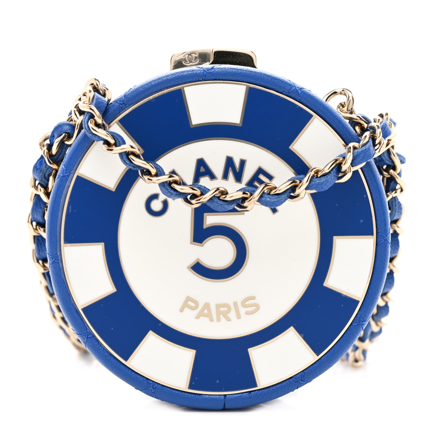 Chanel Lambskin Enamel Quilted Round Poker Chip Clutch With Chain Blue White 1 of 11