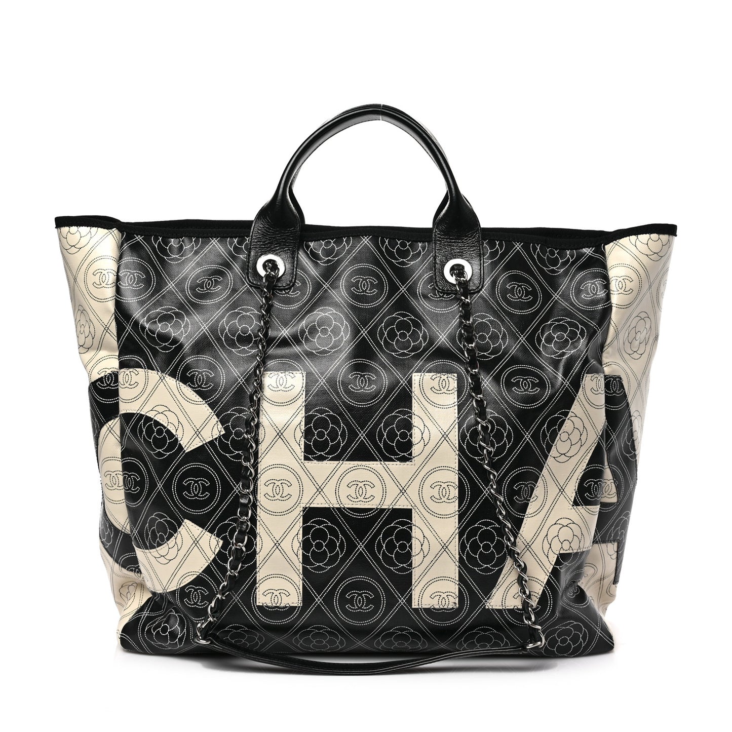 Coated Canvas Camellia Medium Shopping Tote Black Beige