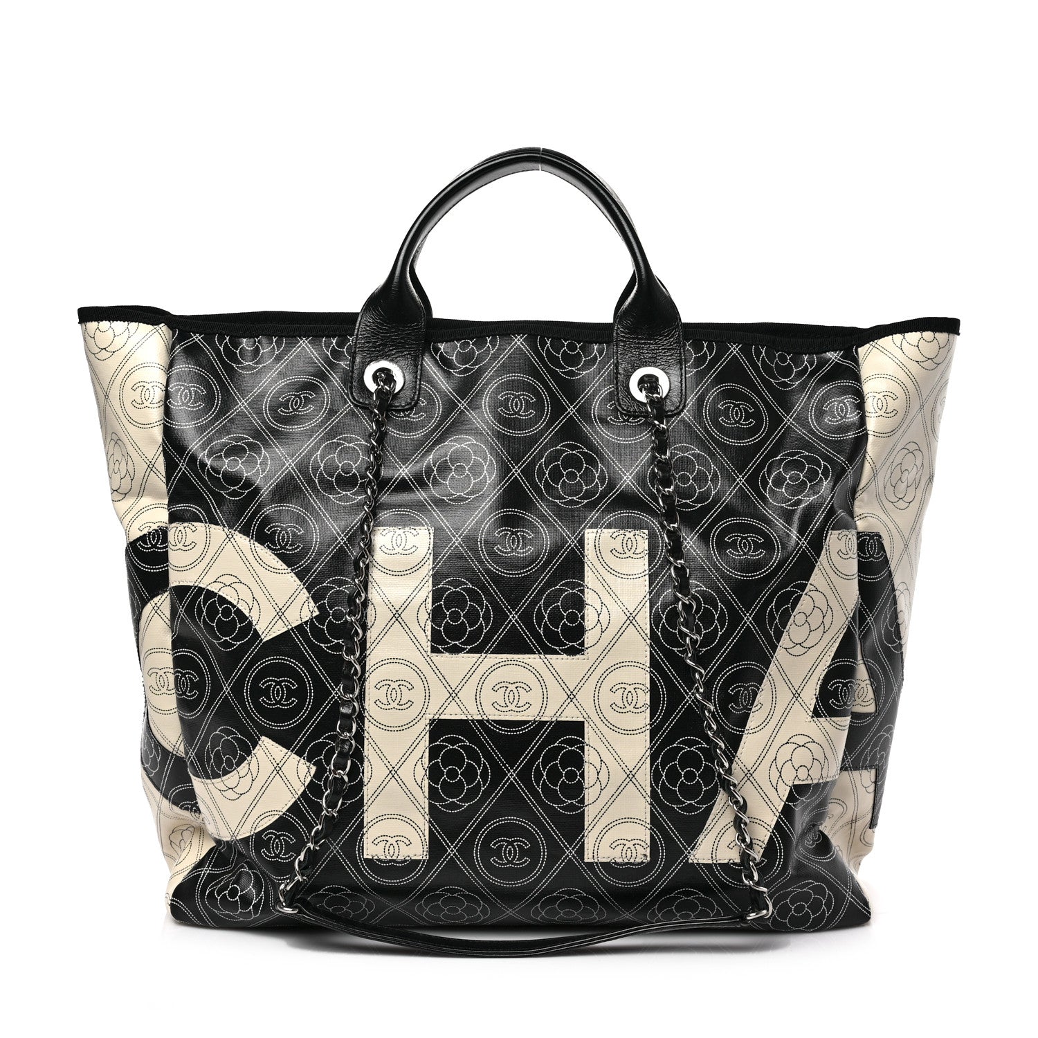 Chanel Coated Canvas Camellia Medium Shopping Tote Black Beige 1 of 8