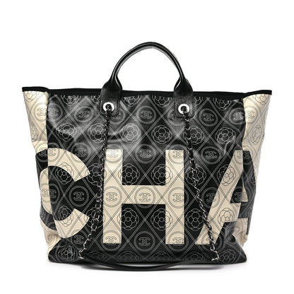 Chanel Coated Canvas Camellia Medium Shopping Tote Black Beige 1 of 8