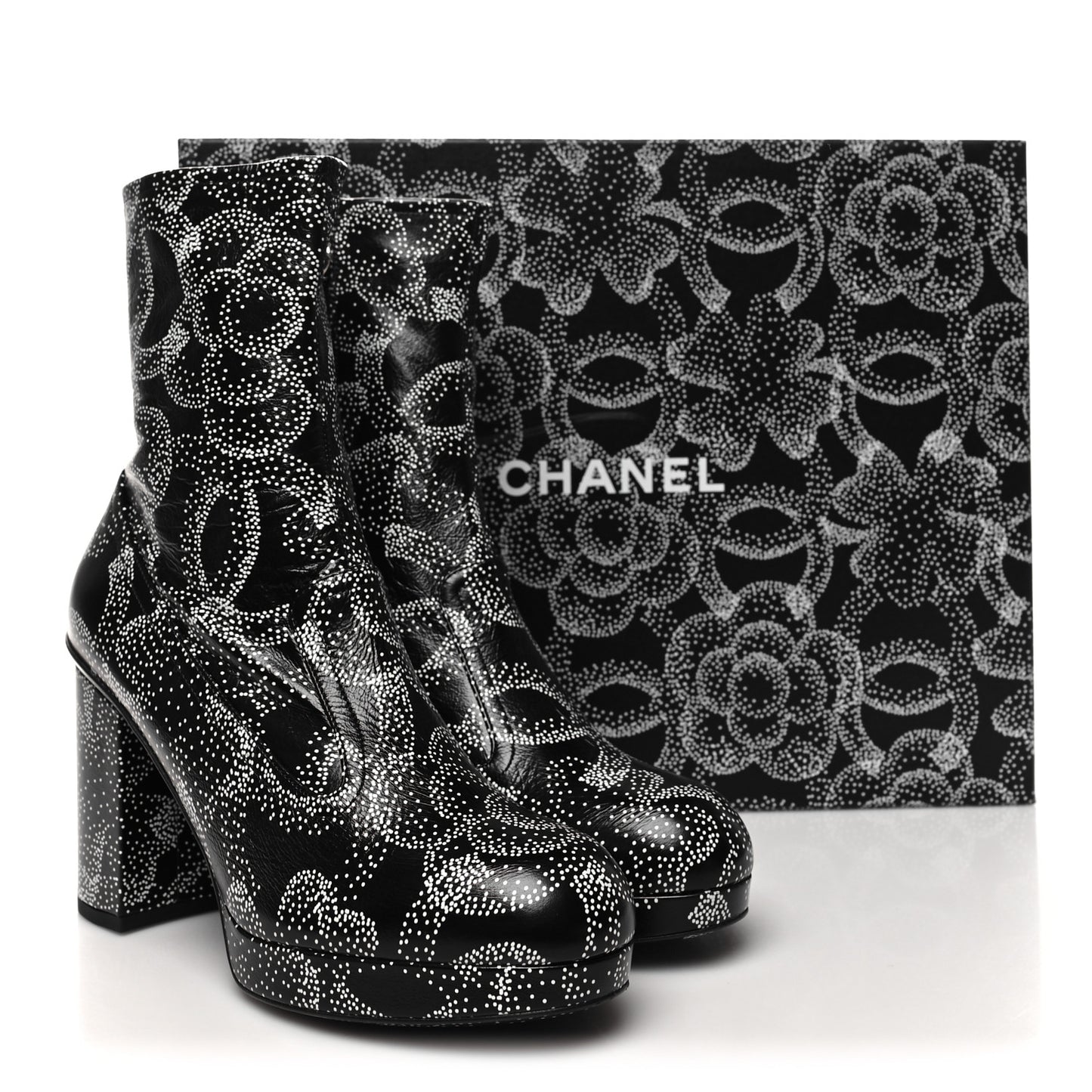 Calfskin Camellia Printed Ankle Boots 39.5 Black White