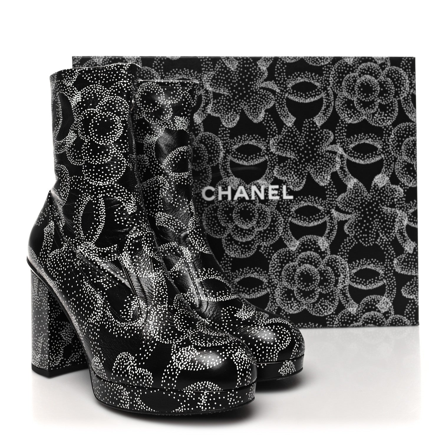 Chanel Calfskin Camellia Printed Ankle Boots 39.5 Black White 8 of 8