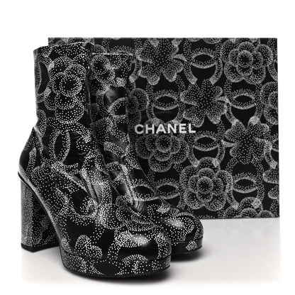 Chanel Calfskin Camellia Printed Ankle Boots 39.5 Black White 8 of 8