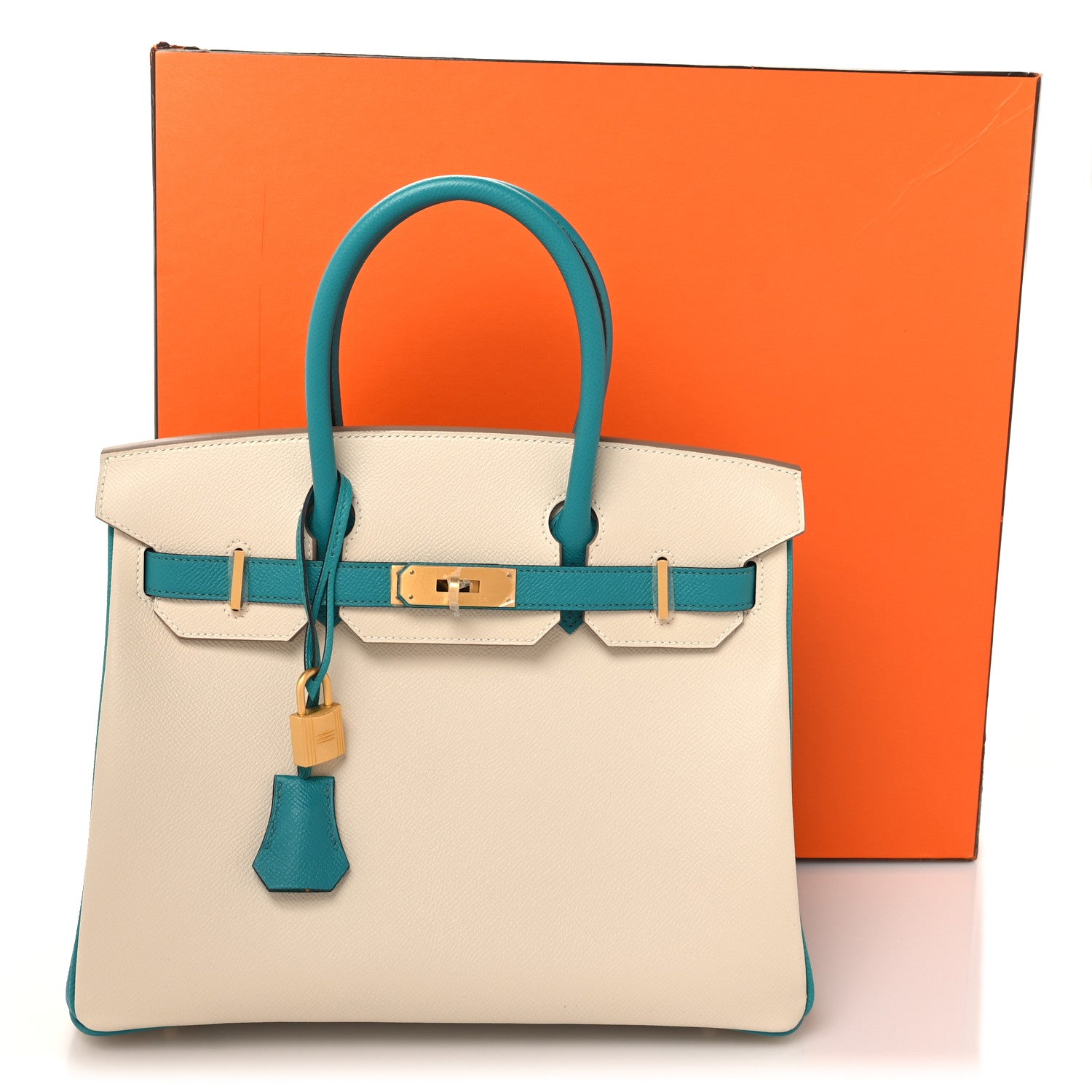 Hermes Epsom Horseshoe Bi Color Birkin 30 Craie Bleu Paon 13 of 13