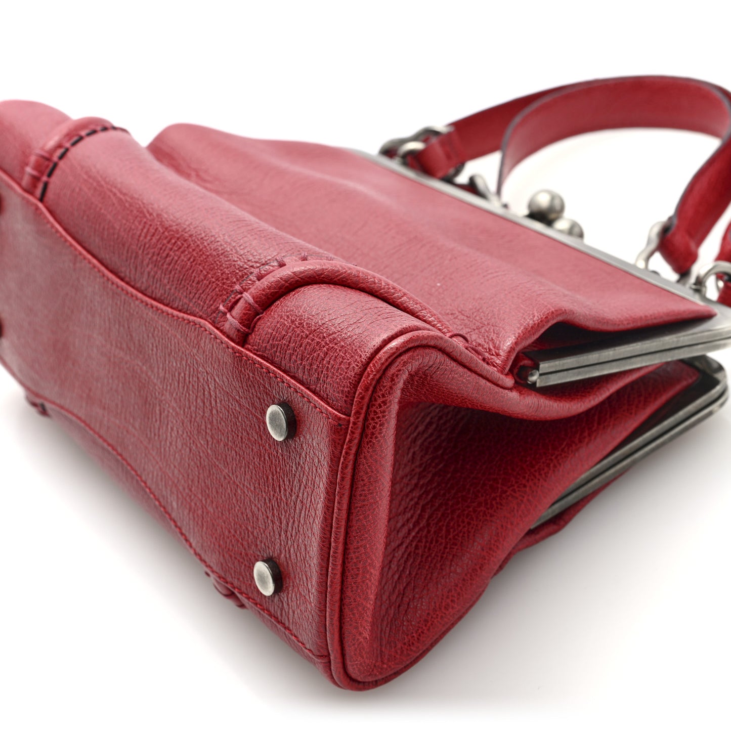 Goatskin Kiss Lock Frame Shoulder Bag Red