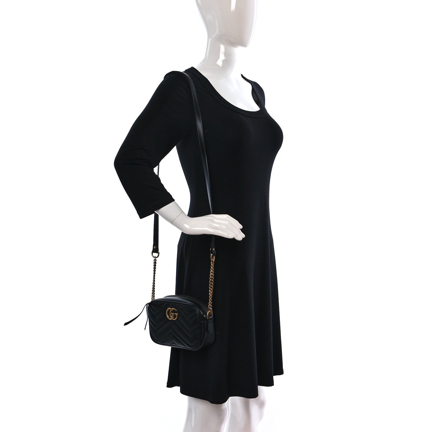 Gucci Calfskin Matelasse Mini GG Marmont Chain Shoulder Bag Black 2 of 9