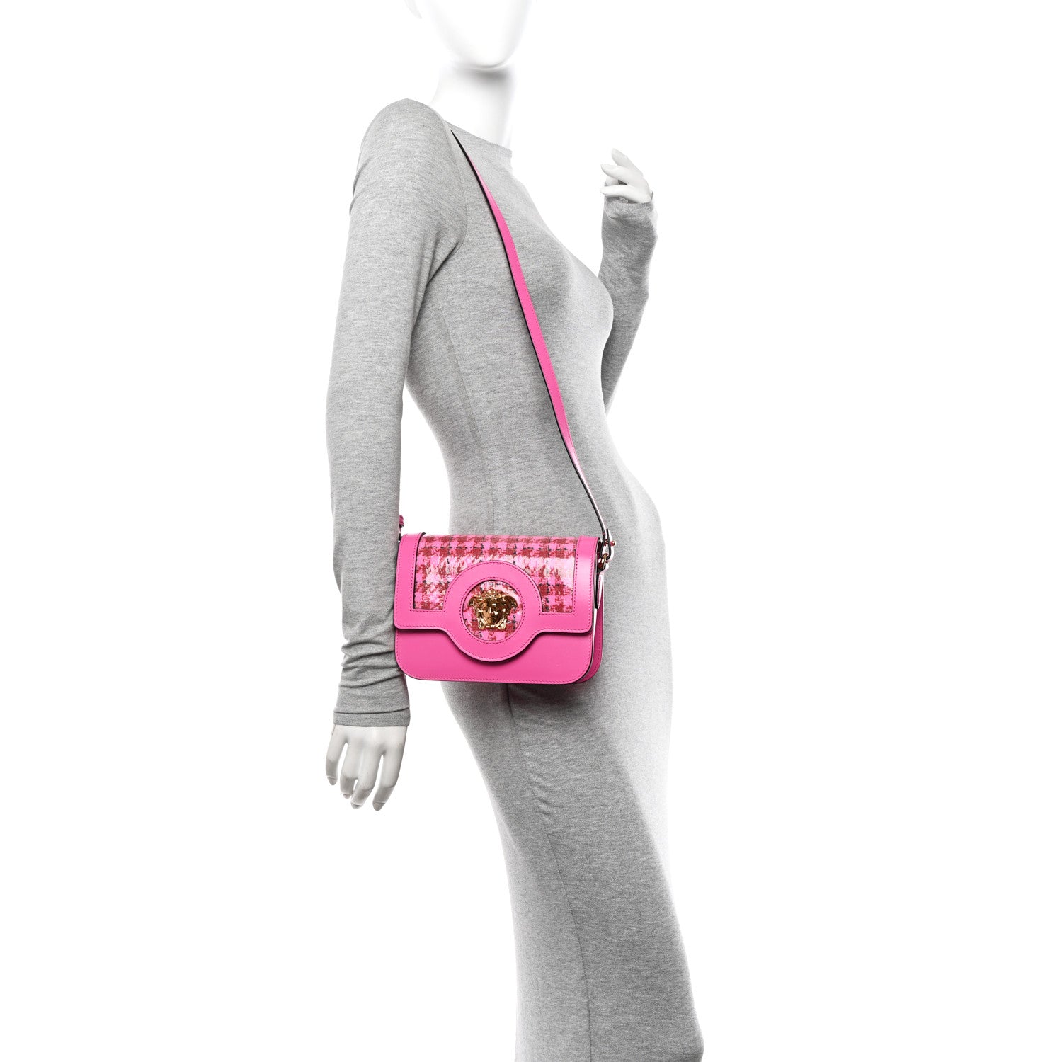 Versace Calfskin Vinyl Small Houndstooth La Medusa Crossbody Bag Pink Multicolor 2 of 9