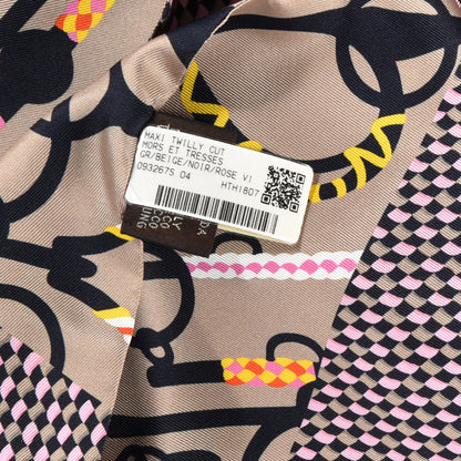 Hermes Silk Mors Et Tresses Maxi Twilly Cut Gris Beige Black Rose Vif 4 of 4