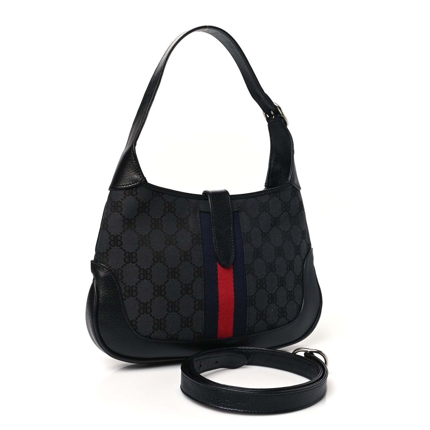 X BALENCIAGA BB Monogram Calfskin Web Small Jackie 1961 Hobo Black