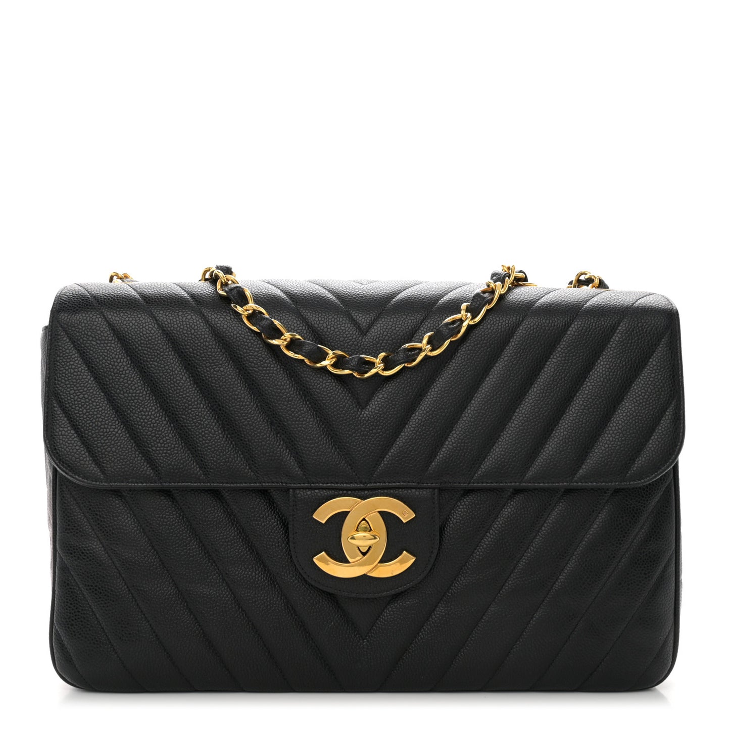 Caviar Chevron Quilted Maxi Single Flap Black
