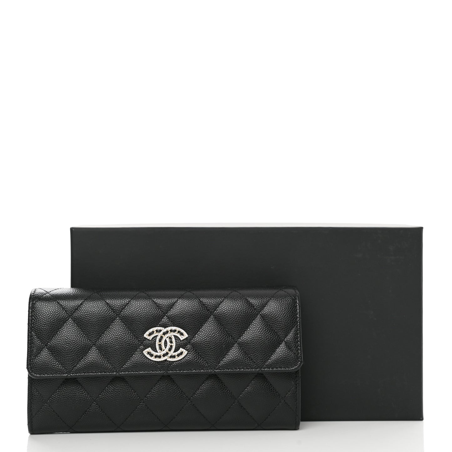 Caviar Quilted Crystal CC Large Gusset Flap Wallet Black