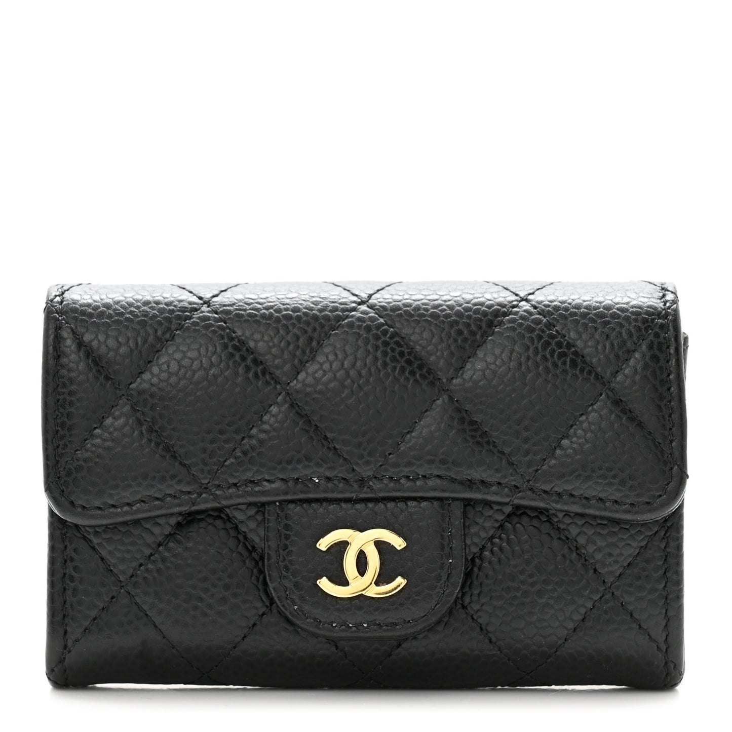 Caviar Quilted Flap Card Holder Wallet Black
