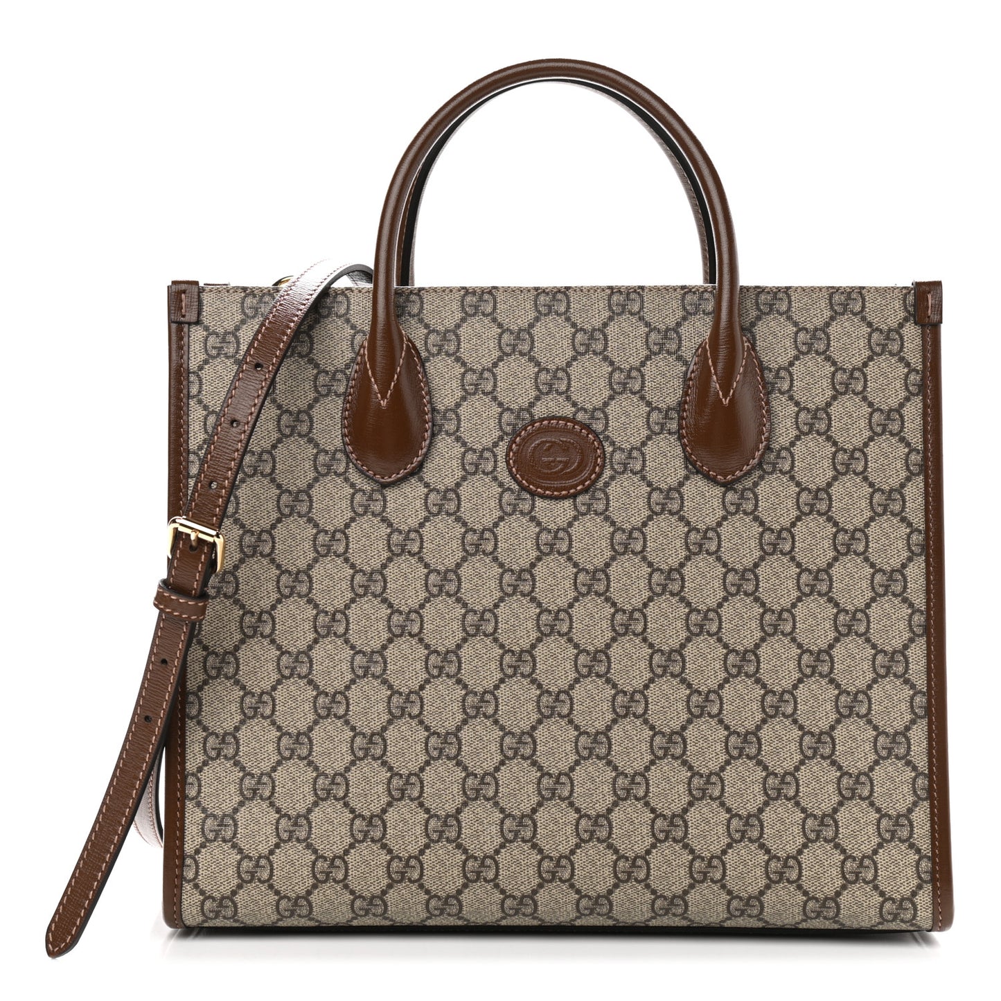 GG Supreme Monogram Azalea Calfskin Small Retro Interlocking G Tote Bag Beige Ebony Brown Sugar