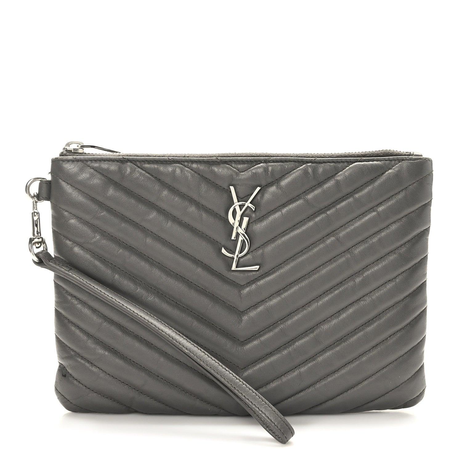 Saint Laurent Calfskin Matelasse Chevron Monogram A5 Wristlet Earth 1 of 8