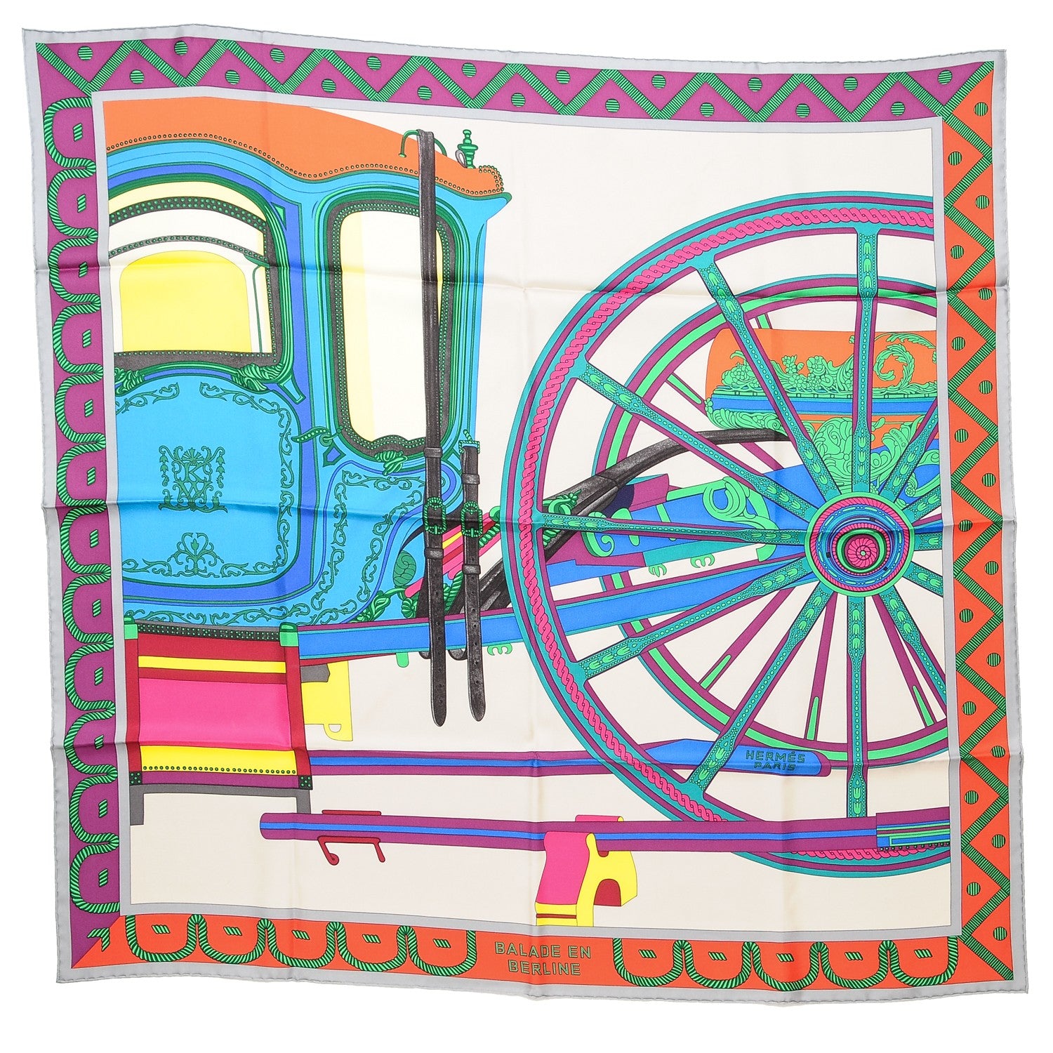 Hermes Silk Balade En Berline Scarf 90 Mastic Vert Juane 1 of 7