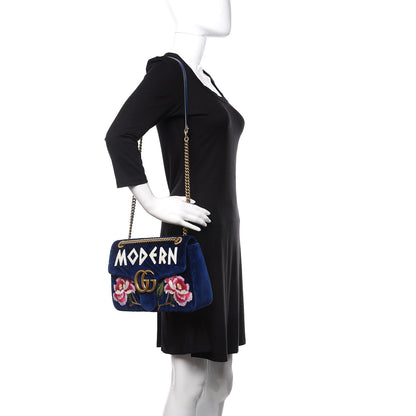 Gucci Velvet Matelasse Modern Embroidered Medium GG Marmont Shoulder Bag Cobalt 2 of 10