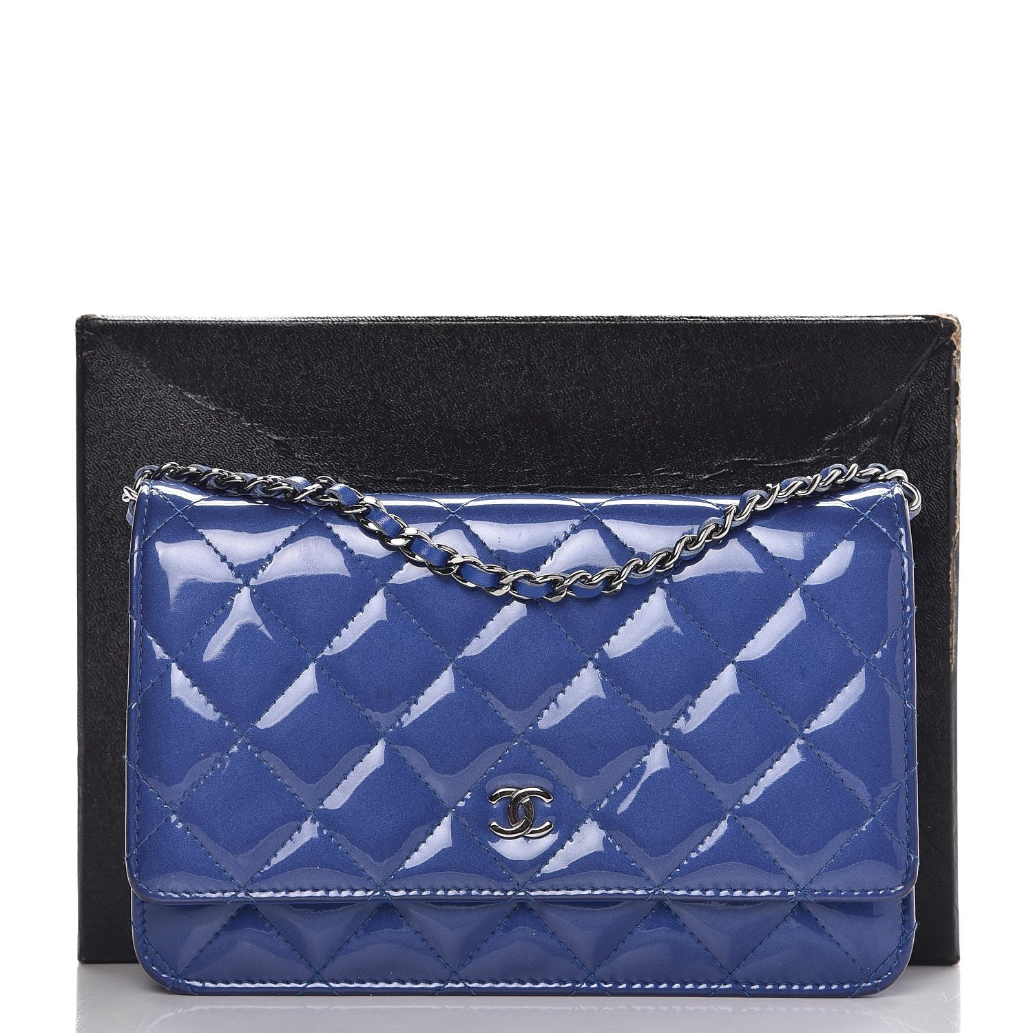 Chanel Patent Quilted Wallet On Chain WOC Blue 9 of 9